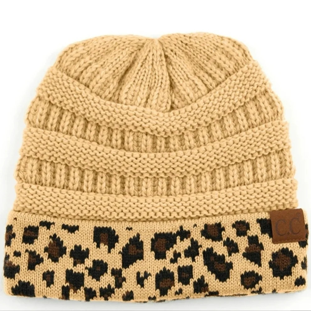 CC Matching Cuff Leopard Print Beanie - Camel